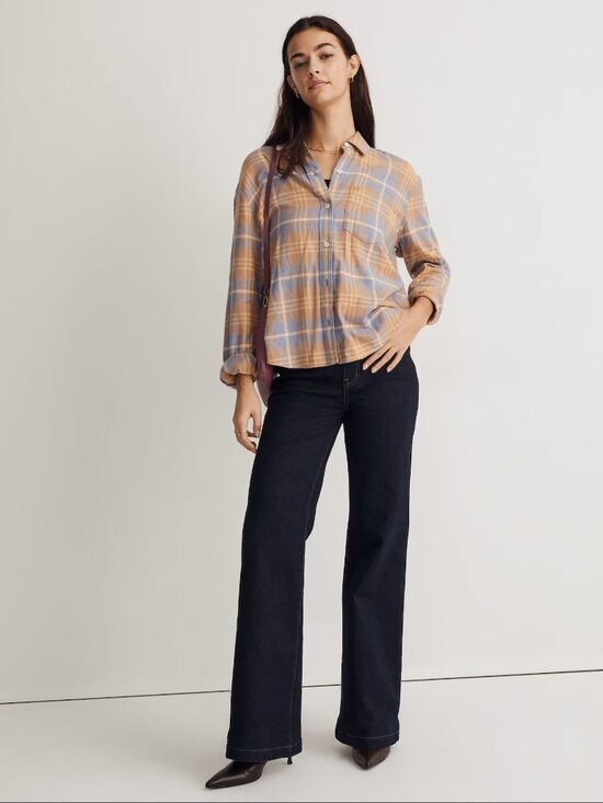 Madewell Tops - Madewell Oversized Boyfriend Plaid Flannel Button Down Shirt Top Tan Blue XS